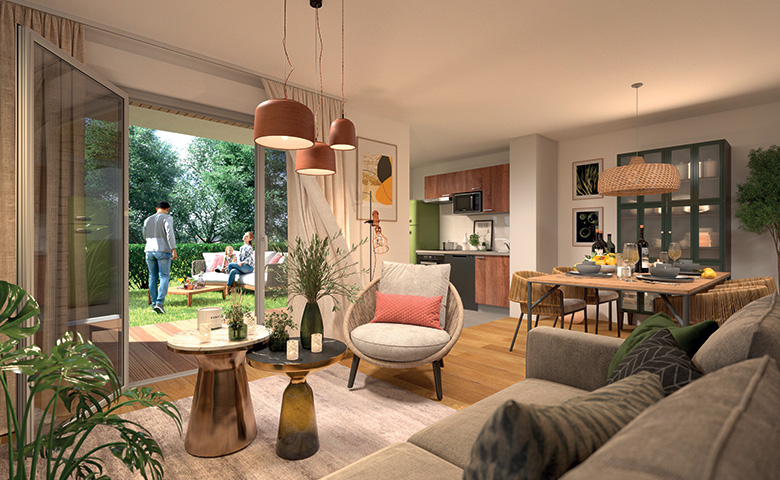 Perspective intérieure d'un logement de la résidence Ô'Mont à Eaunes