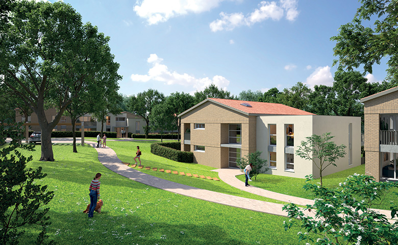 Perspective côté jardin de la résidence Ô'Mont à Eaunes